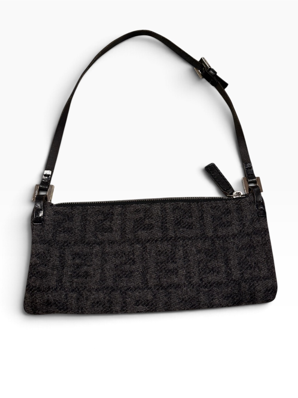 Vintage Fendi FF Logo Zucca Print Monogram Baguette Shoulder Bag Wool & Leather